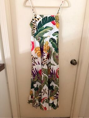NWOT - FarmRio Size S Tropical Print Spaghetti Strap Maxi Dress - White Multi